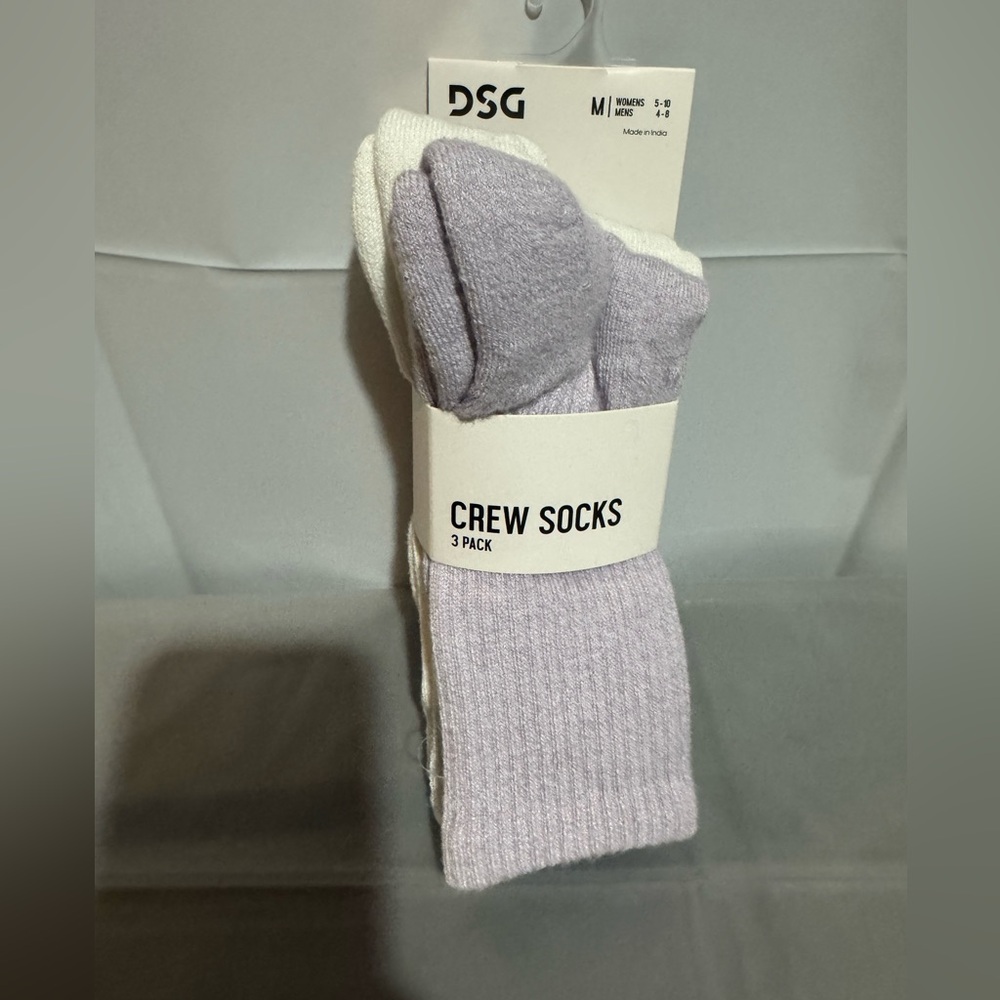 DSG Men's or Women’s Crew Socks 3-Pack - White,Purple and Gray.
